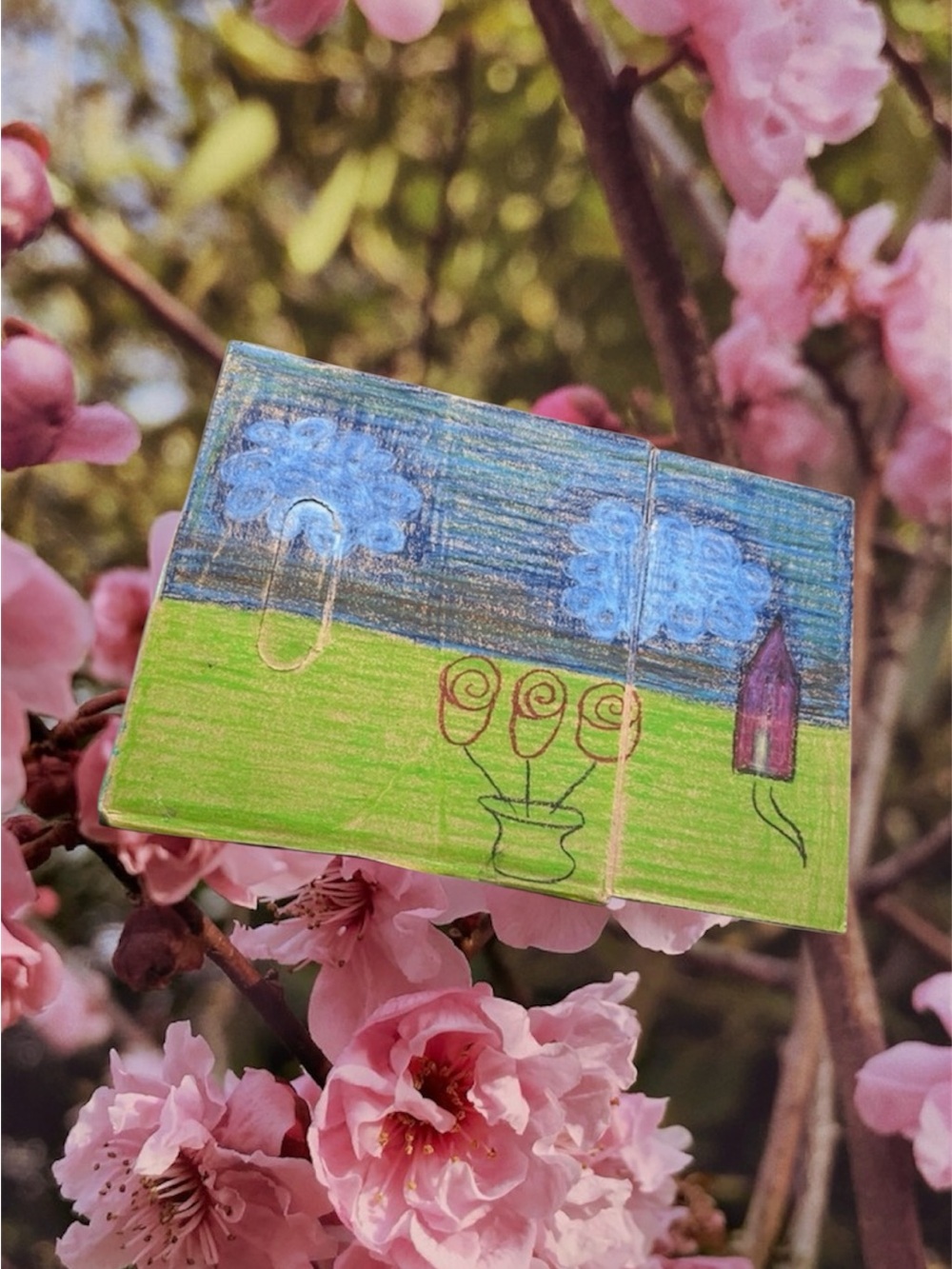 House Roses Clouds Art - Blue Green Red